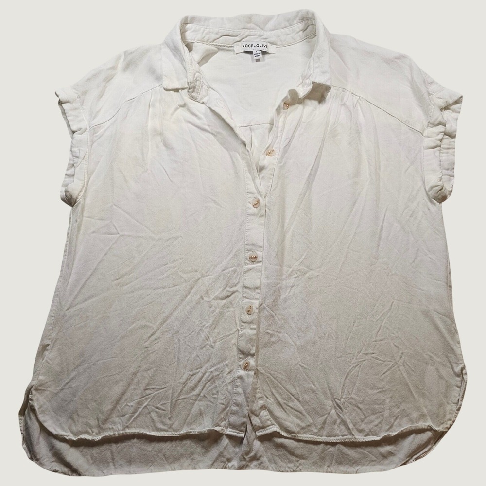 Rose + Olive White Rayon Button Down Short Sleeve Top Large Summer Blouse